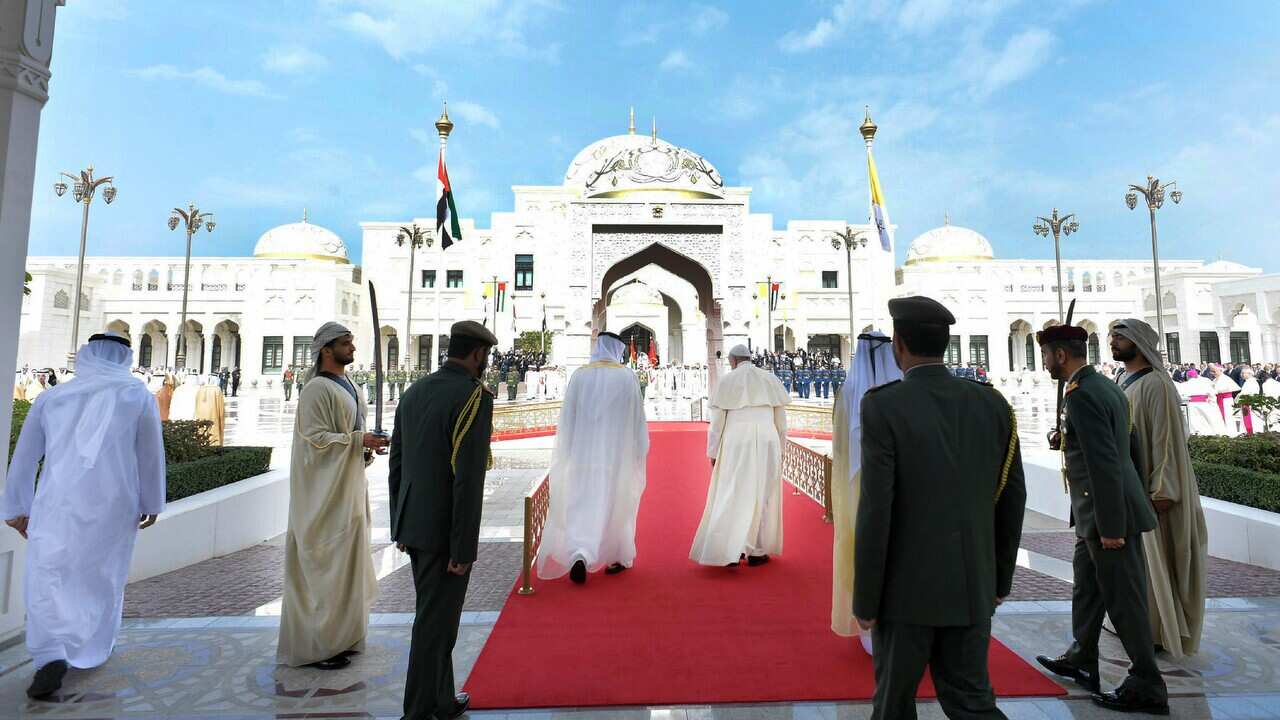 Welcome ceremony for the visiting Pope Francis at the UAE presidential palace in the capital Abu Dhabi on 4/2/19.