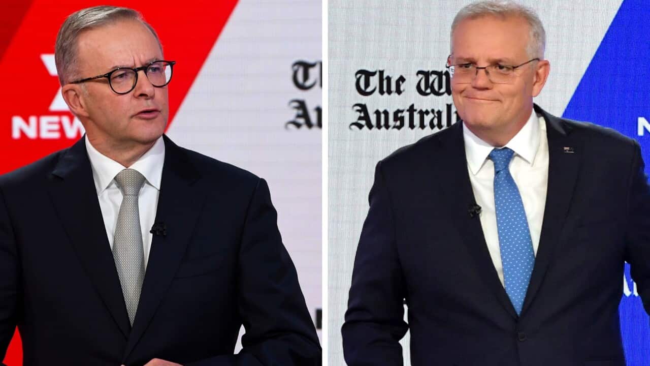 A comparison diptych shows (left) Australian Opposition Leader Anthony Albanese and (right) Australian Prime Minister Scott Morrison during the third leaders' debate at Seven Network Studios
