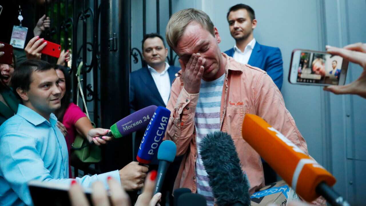 Russian investigative journalist Ivan Golunov, cries as he leaves an Investigative Committee building in Moscow