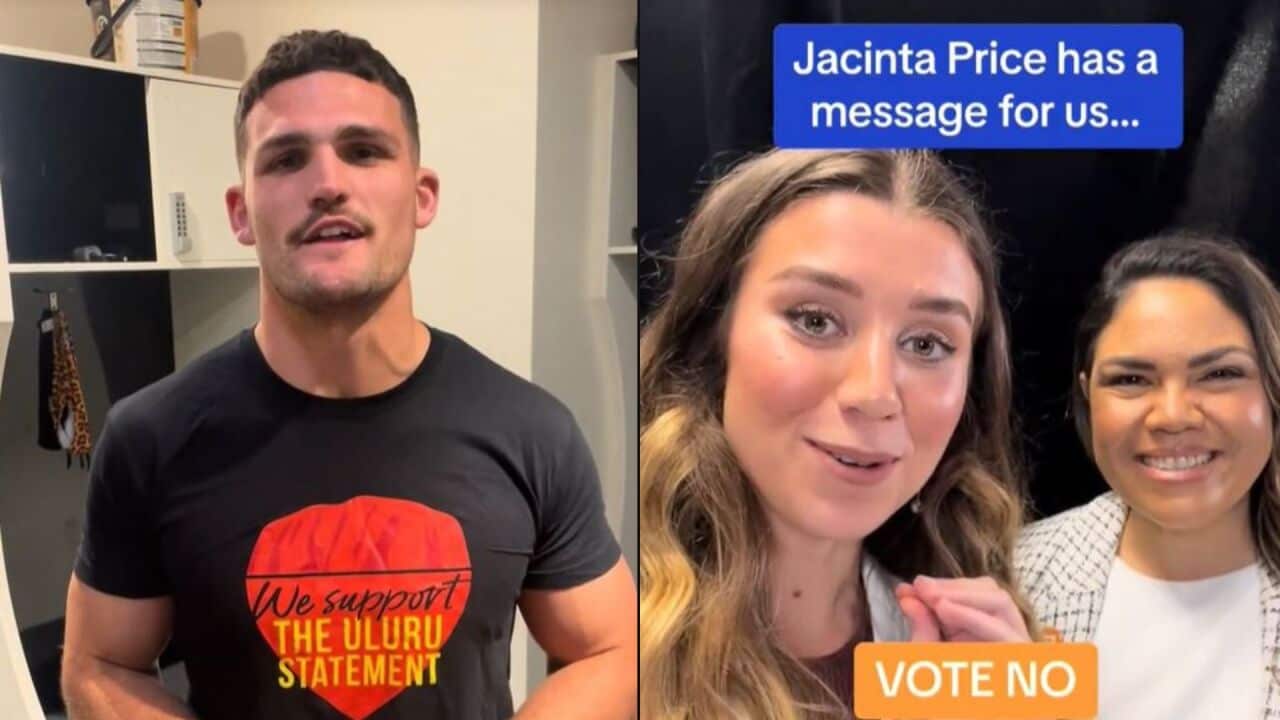 Split image of Nathan Cleary (left) wearing a black t-shirt featuring a picture of Uluri and the words: We support the Uluru Statement and (right) Freya Leach and Jacinta price wth the words: Jacinta Price has a message for us...VOTE NO