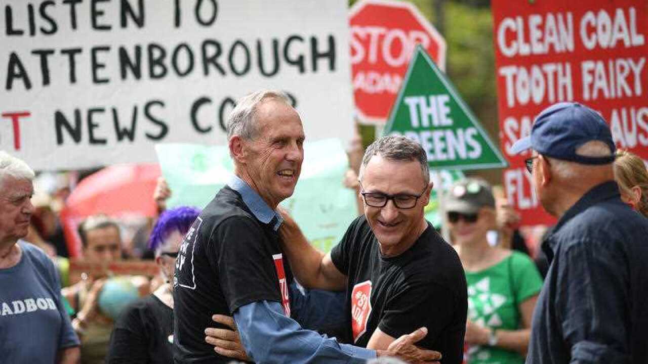 former Greens leader Bob Brown (left) is with Greens leader Richard Di Natale