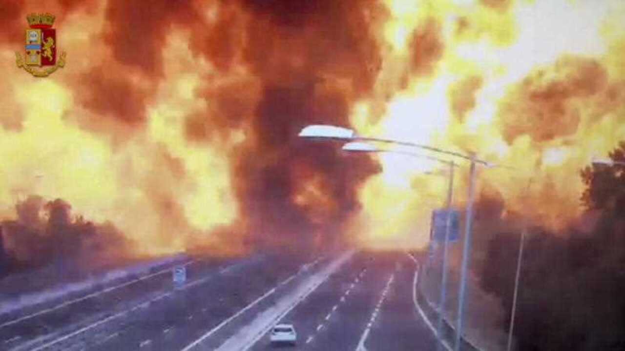 In this frame grab taken from a video released by the Italian police, the moment a truck that was transporting flammable substances explodes after colliding with another truck on a highway in the outskirts of Bologna, Italy, Monday, Aug. 6, 2018.