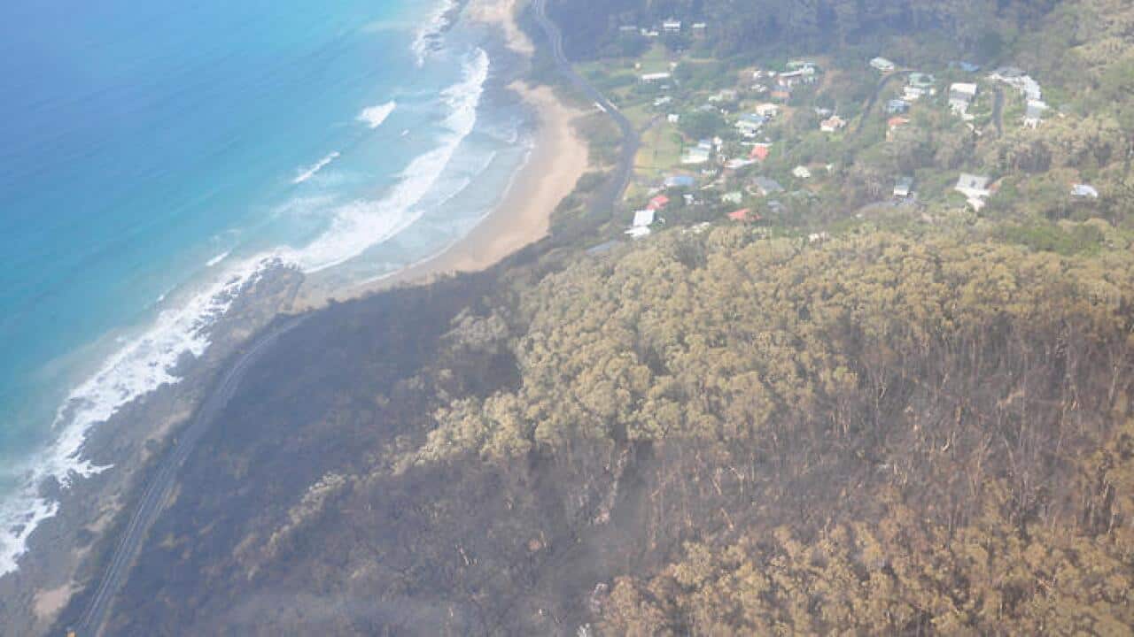 A supplied image obtained Sunday, Dec. 27, 2015 of burnt out trees near the Great Ocean Rd at Separation Creek in Victoria. (AAP Image/Country Fire Authority) NO ARCHIVING, EDITORIAL USE ONLY