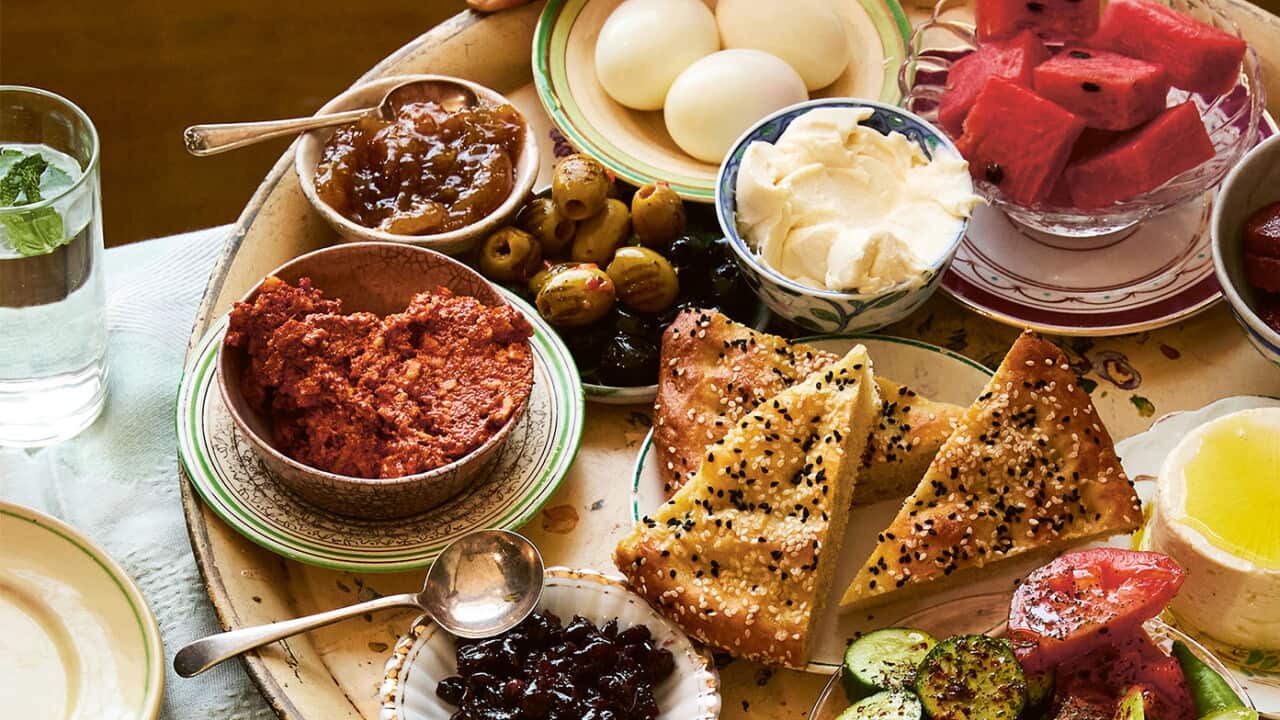 Spiced walnut and red pepper spread served as part of a breakfast platter.