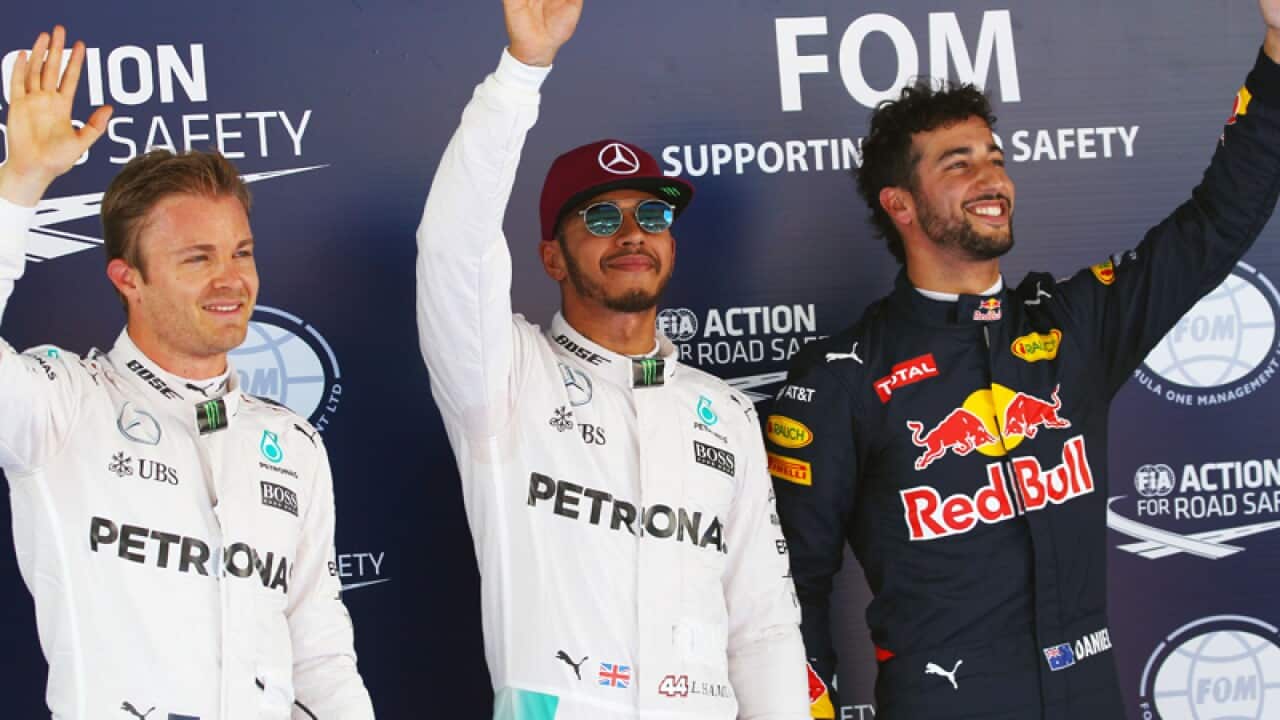 Nico Rosberg, Lewis Hamilton (C), Daniel Ricciardo