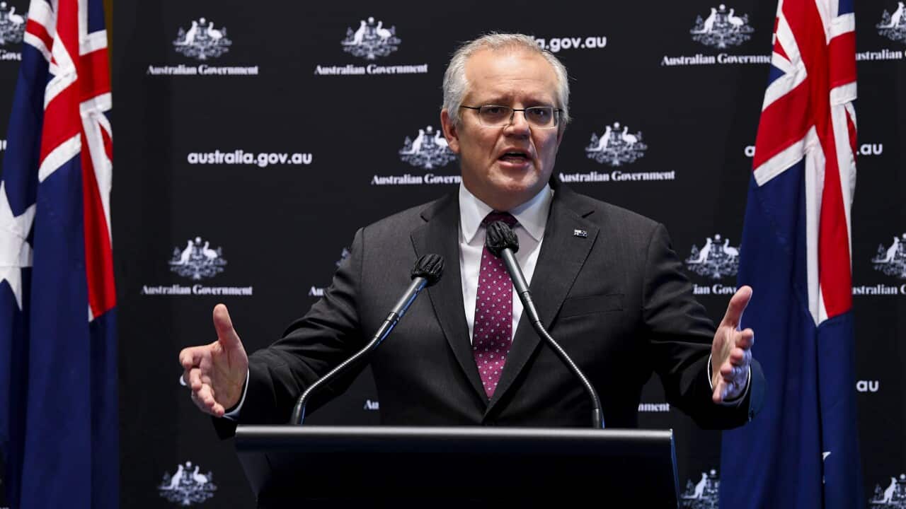 Prime Minister Scott Morrison speaks to the media during a press conference at Parliament House in Canberra.