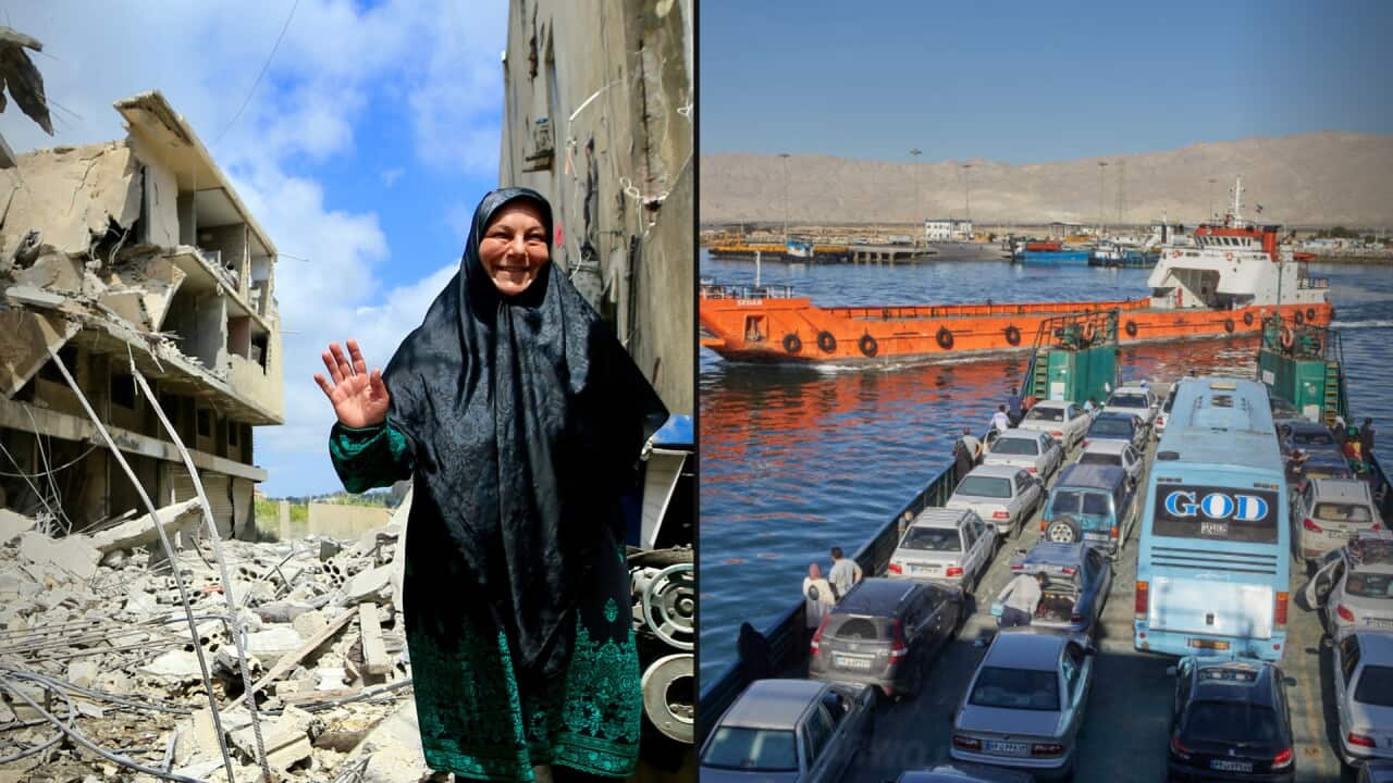 A wo-way header image shows a woman standing in front of a pile of rubble (left) and ships in the Strait of Hormuz (right).