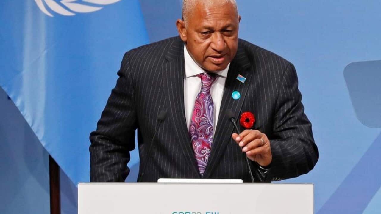 Frank Bainimarama delivers a speech at UN Climate Change Conference.