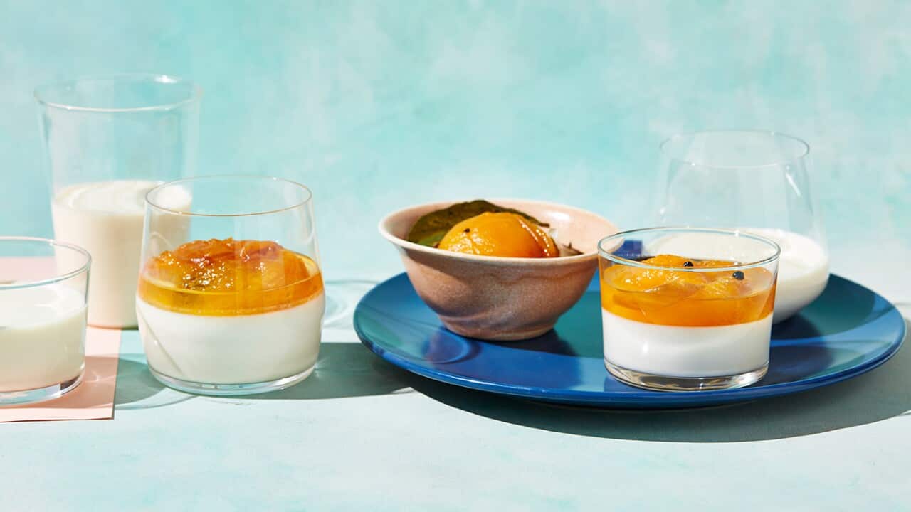 Poached apricots with set almond milk