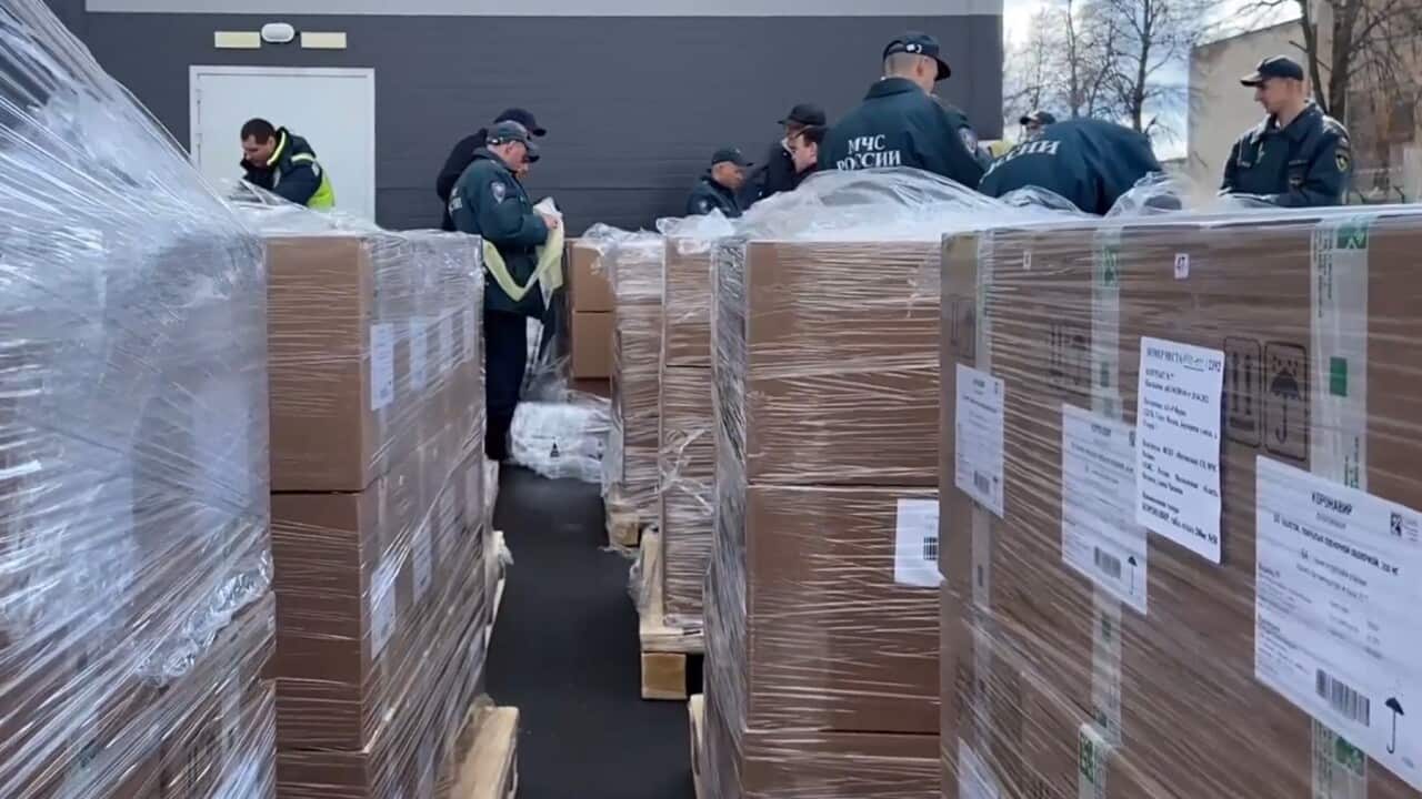 Russian Emergencies Ministry workers load medical supplies for India