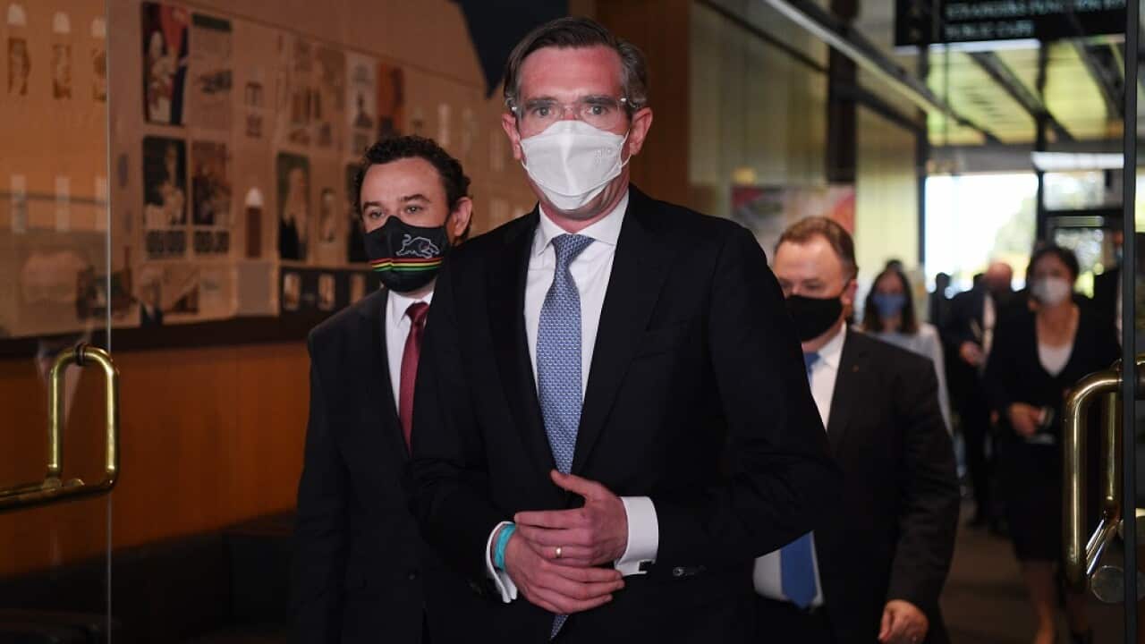 Newly elected Premier Dominic Perrottet and his newly elected deputy leader Stuart Ayres (left) at NSW Parliament House in Sydney, Tuesday, October 5, 2021. A showdown for the NSW Liberal leadership looms, with Rob Stokes and Treasurer Dominic Perrottet v