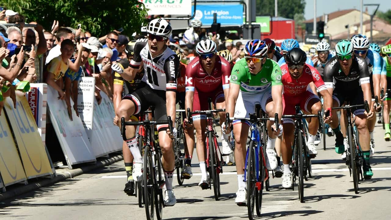 Phil Bauhaus celebrates his Dauphine stage 5 win