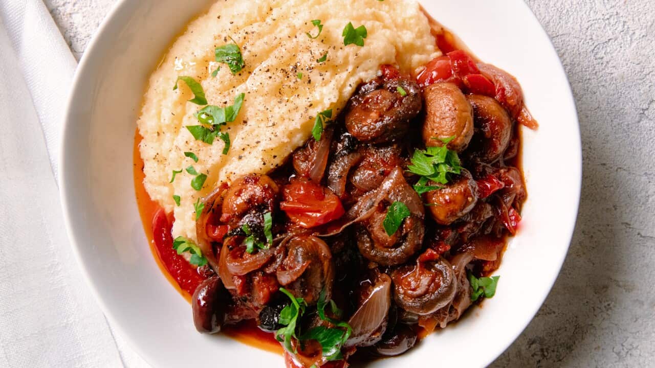 A rich mushroom stew sits in a low white bowl, alongside creamy polenta.
