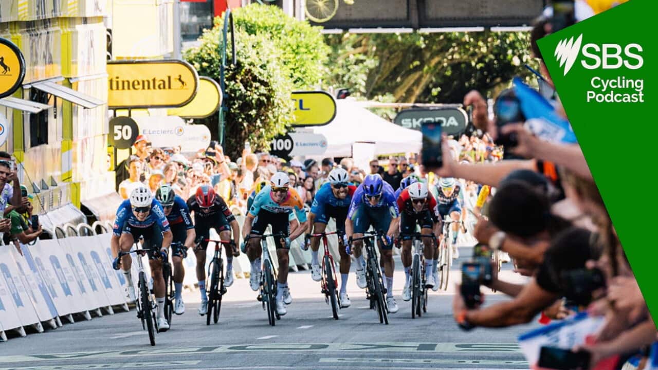 Jasper Philipsen of Alpecin-Premer Tech wins the sprint behind Mauro Schmid of Team Jayco AlUla, Olav Kooij of Decathlon AG2R La Mondiale Team, Lewis Askey of NRS-Cycling Team, and Rick Pluimers of Tudor Pro Cycling Team during the final of the 17th stage of the Tour de France between Chambery and Voiron in the Isere region, France. (Photo by Gautier Demouveaux/NurPhoto via Getty Images)