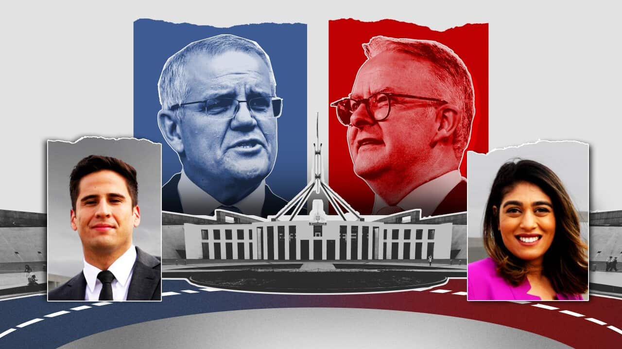 An election campaign graphic featuring photos of SBS News reporters Pablo Vinales and Shuba Krishnan, and Prime Minister Scott Morrison and Opposition leader Anthony Albanese.