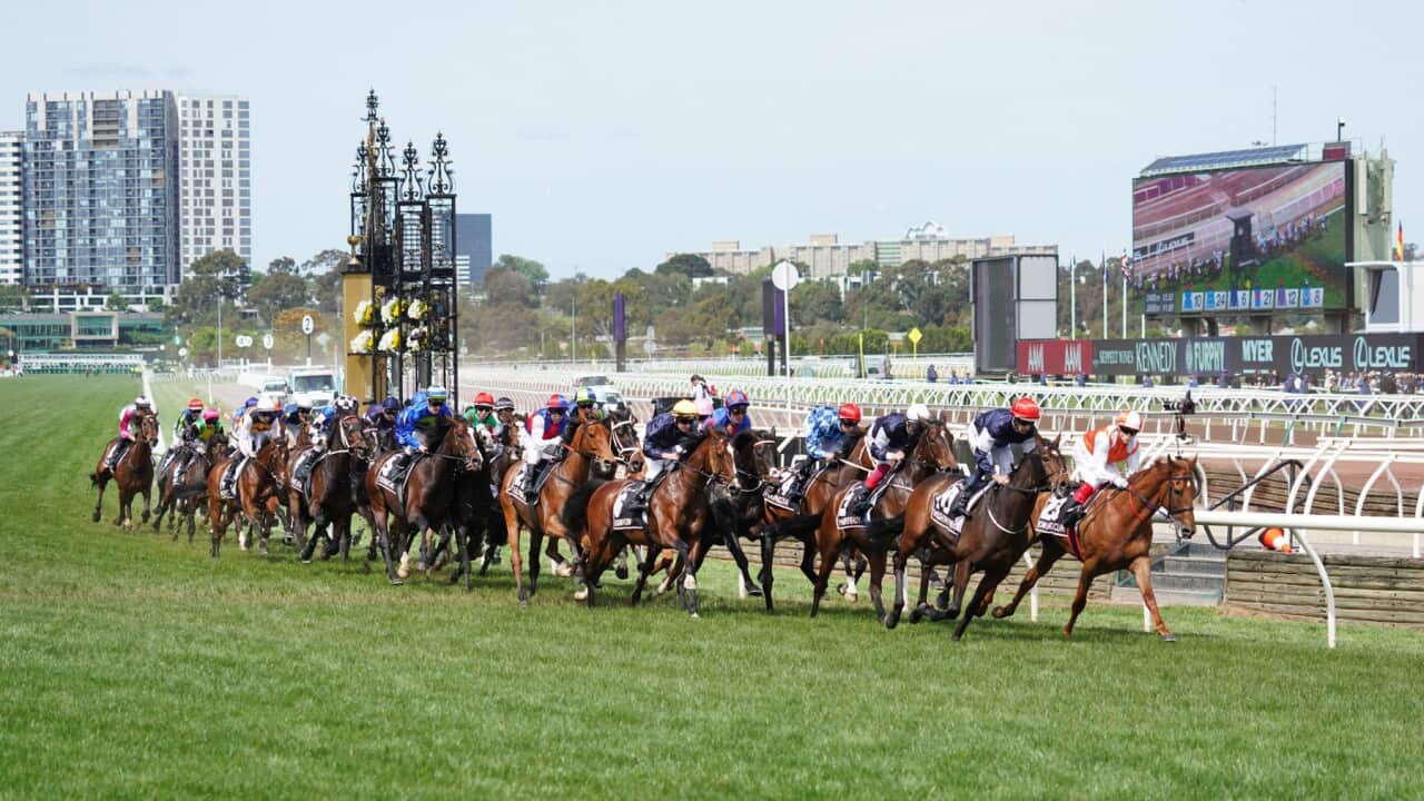 A general view is seen in race 7, the Lexus Melbourne Cup, during Melbourne Cup the Lexus Melbourne Day, at Flemington Racecourse in Melbourne, Tuesday, November 5, 2019. (AAP Image/Michael Dodge) NO ARCHIVING, EDITORIAL USE ONLY