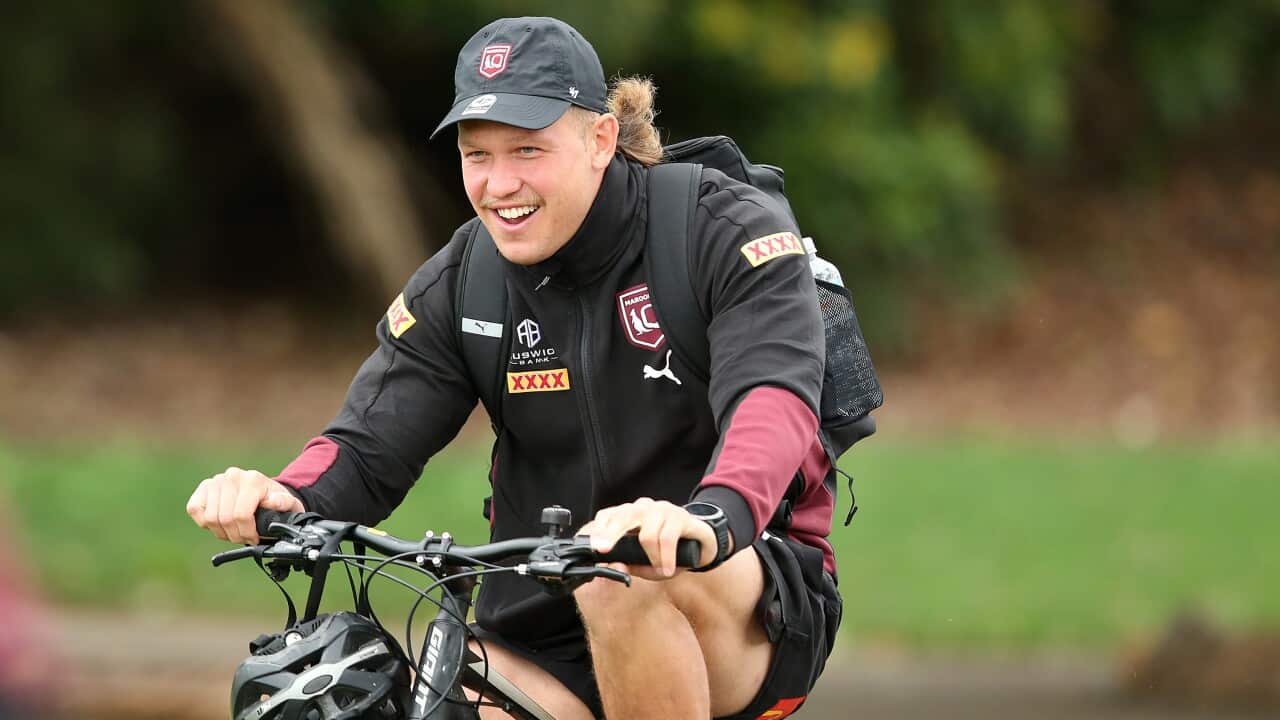 Reuben Cotter arrives to a Queensland Maroons training session on the Gold Coast, Monday, June 6, 2022. (AAP Image/Jono Searle) NO ARCHIVING