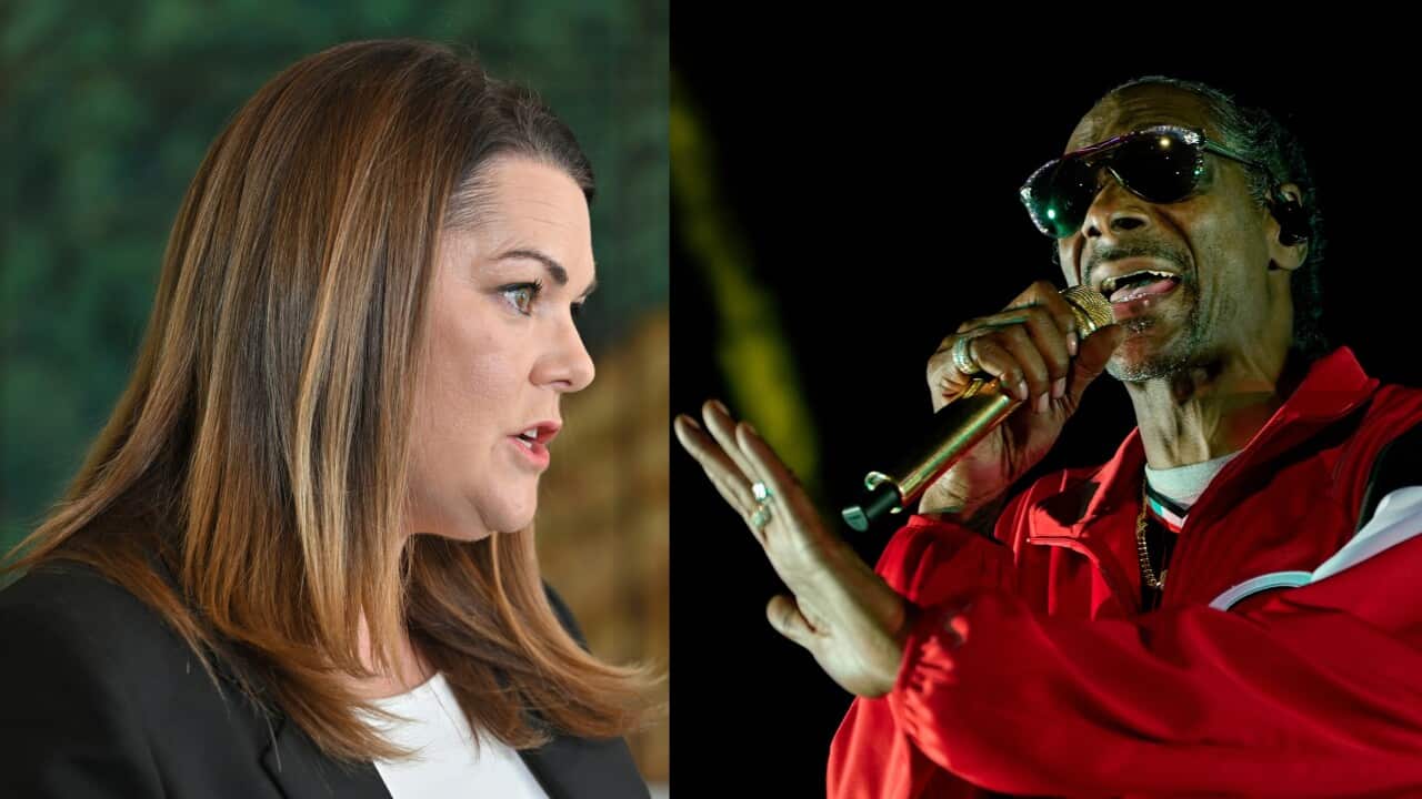 A composite image of a woman on the left and a man in glasses with a microphone on the right