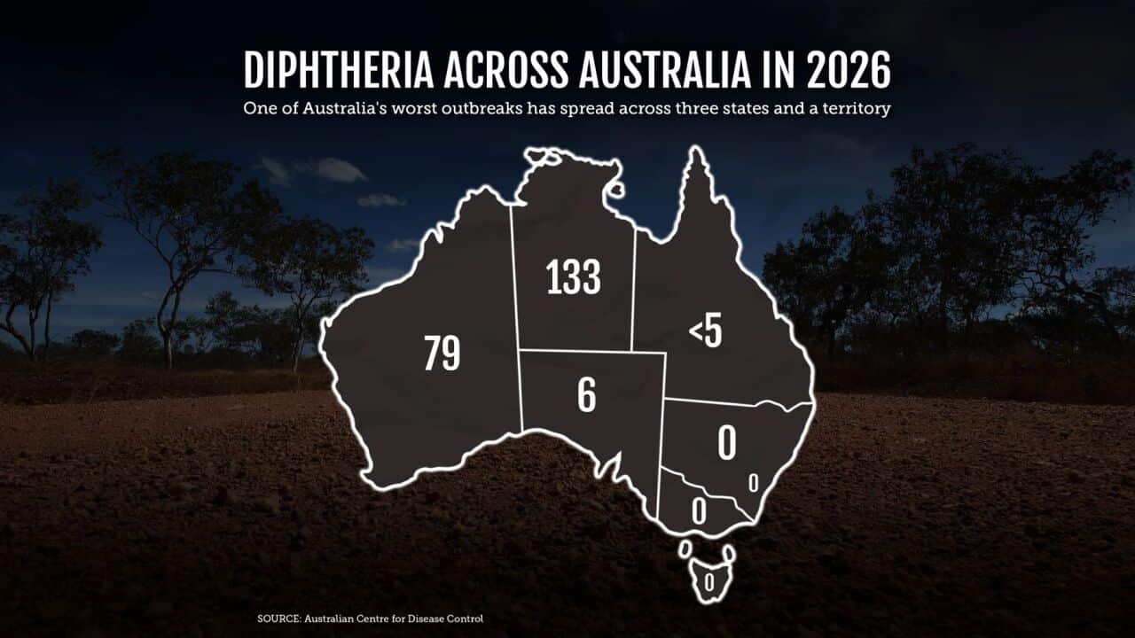 A graphic illustration highlighting diphtheria cases across Australian states and territories in 2026. (AAP Image-Susie Dodds).jpg