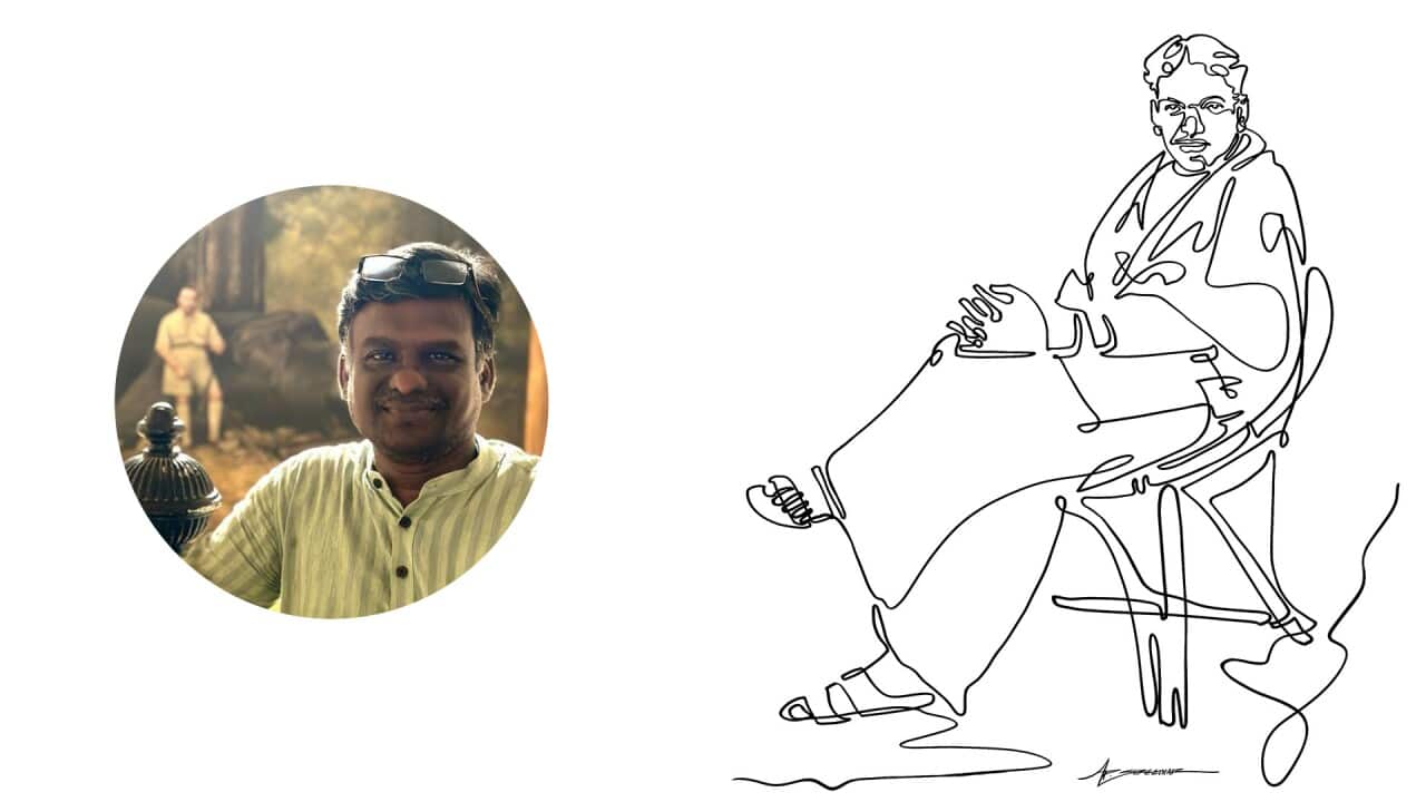 A sketch of former Tamil Nadu Chief Minister M. Karunanidhi, inset: Samas