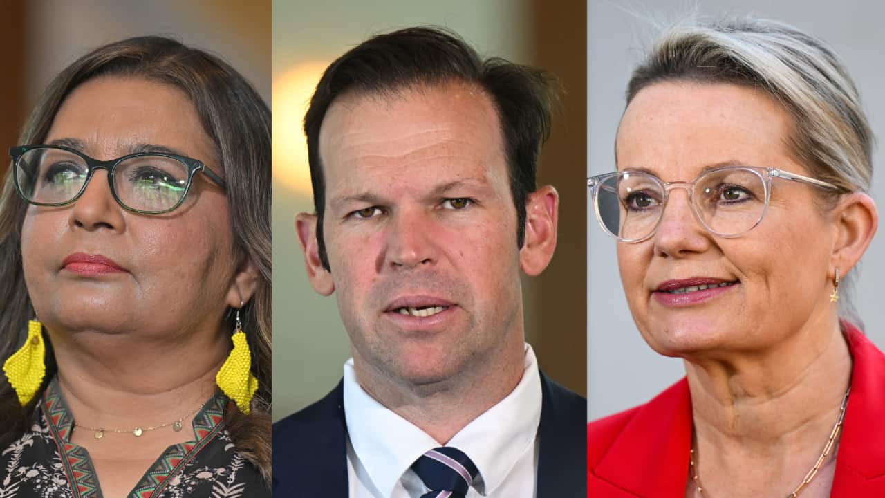 A composite image of the faces of Mehreen Faruqi, Matt Canavan and Sussan Ley.