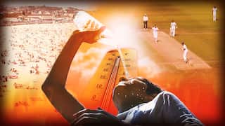 A graphic image shows the head and shoulders of a sweaty woman pouring water on her face. In the background there are the images of a thermometer, people playing cricket and people lying on the beach in the sun.