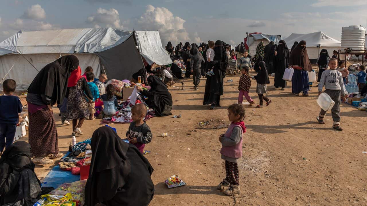 Women and children who had fled areas under Islamic State group control in the al-Hawl camp in northern Syria, March 28, 2019. (Ivor Prickett/The New York Times)