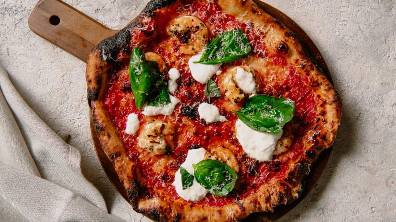Garlic prawn and nduja pizza with stracciatella