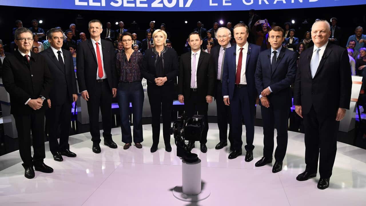 French presidential election attend a debate organized by French private TV channels BFM TV and CNewsin in La Plaine-Saint-Denis, France, 04 April 2017.