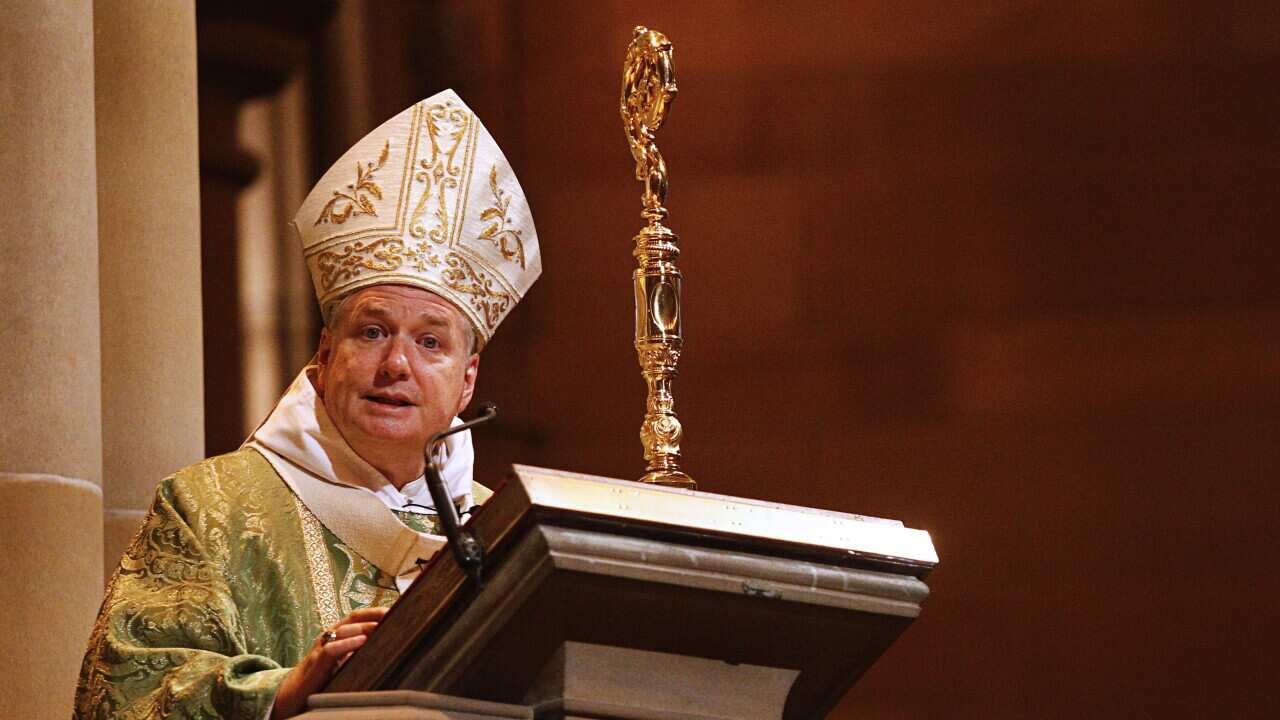 Sydney Catholic Archbishop Anthony Fisher delivers homily against same-sex marriage at St Mary's Cathedral, Sydney, Sunday, October 15, 2017. (AAP Image/Danny Casey) NO ARCHIVING