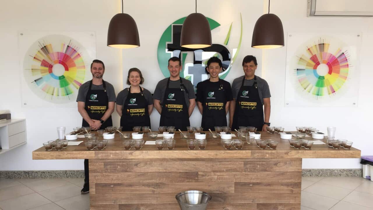 Cupping Lab at Progresso. Fabiano (Owner), Mel, Tim, Toshi, Silvio (from left) on 21 August 2019. Photo by Toshiyuki Ishiwatay