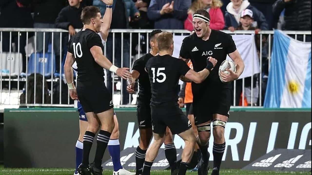 New Zealand's Brodie Retallick celebrates his try against South Africa