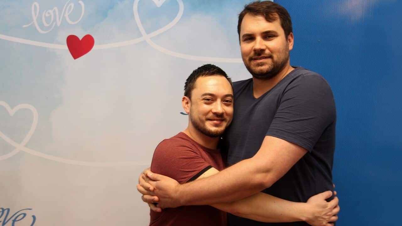 Same-Sex couple Daniel Gray-Barnett and Daniel Barnett after they signed a Notice of Intention to Marry form at the NSW Births Deaths and Marriages registry.