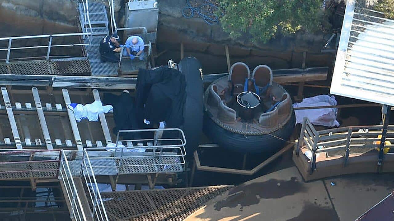 Queensland Emergency service personnel are seen at amusement theme park Dreamworld on the Gold Coast, Queensland, Tuesday, Oct. 25, 2016