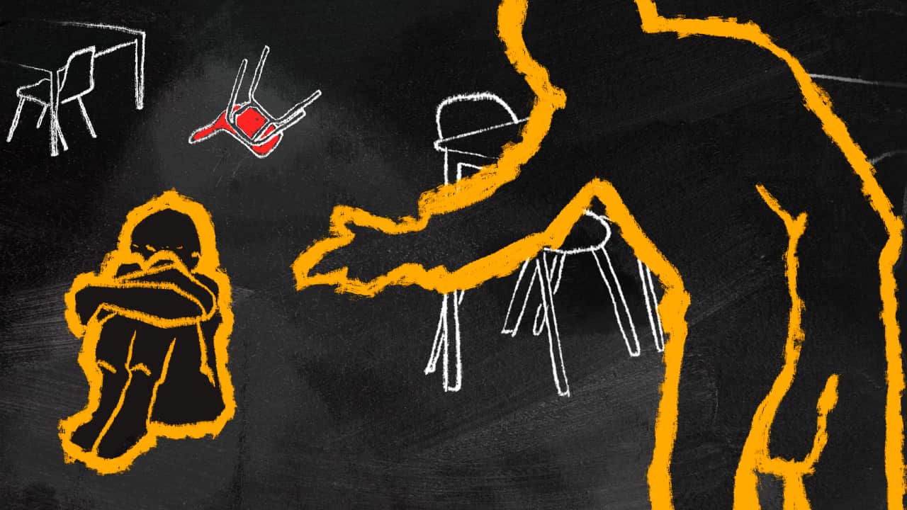 A stylised cartoon image of a young child cowering as an adult stands over them pointing his finger. In the background are tables and chairs with one chair tipped over.