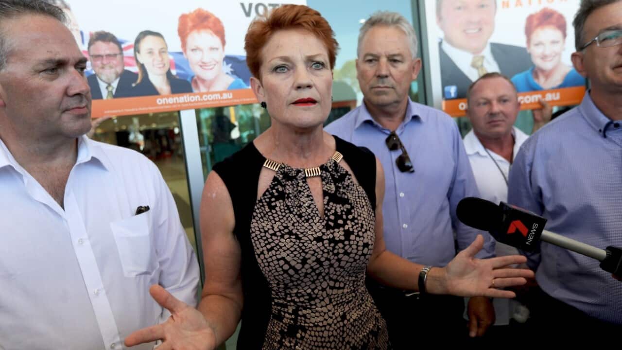 One Nation leader Pauline Hanson holds a press conference on March 6