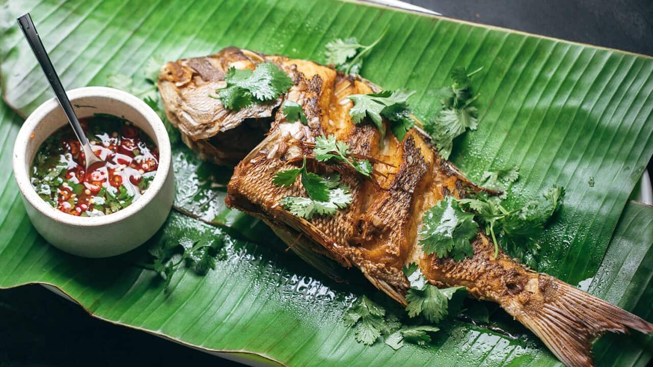 Deep-fried whole snapper with Thai seafood sauce