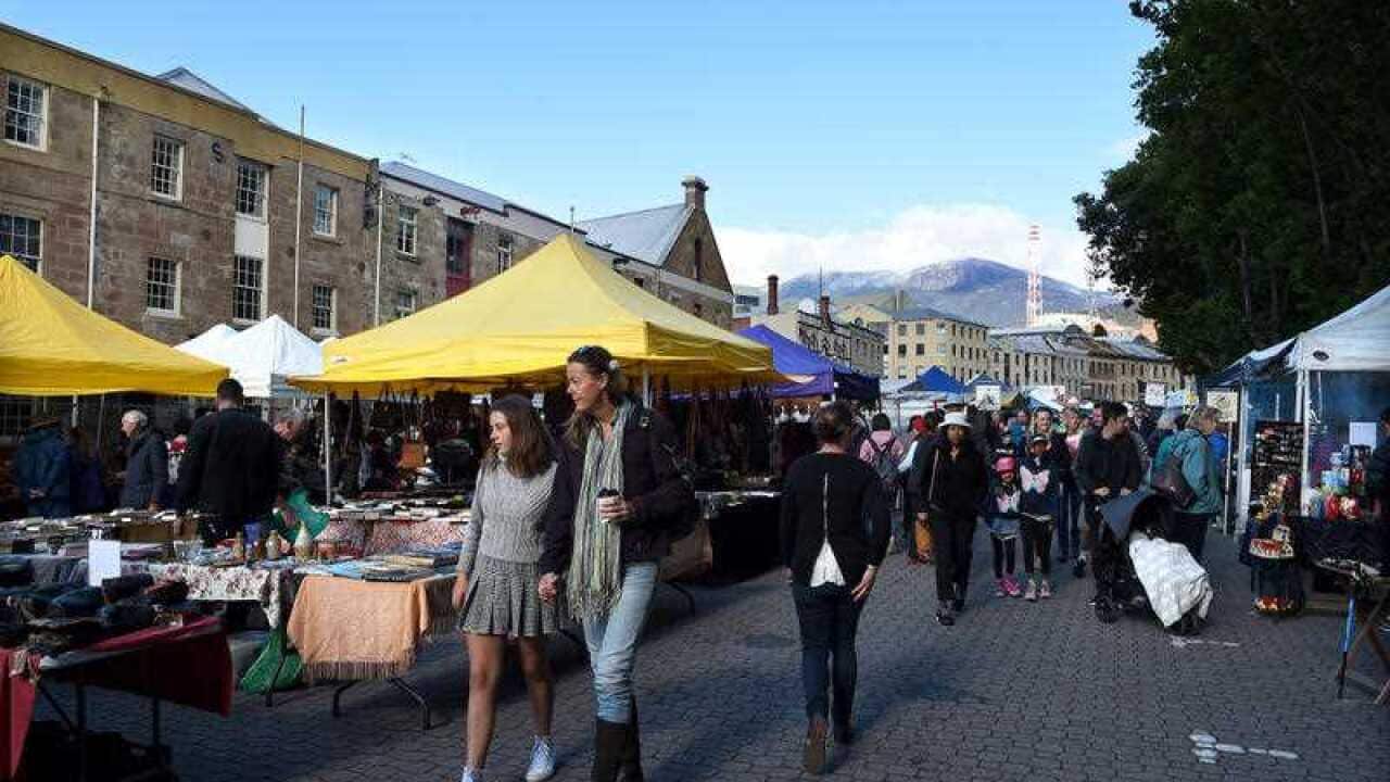 shoppers at the Salamanca Markets in Hobart, Tasmania