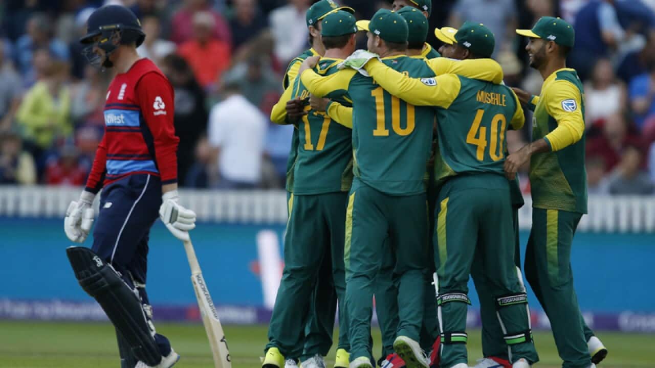 South African players celebrate after winning their T20 match