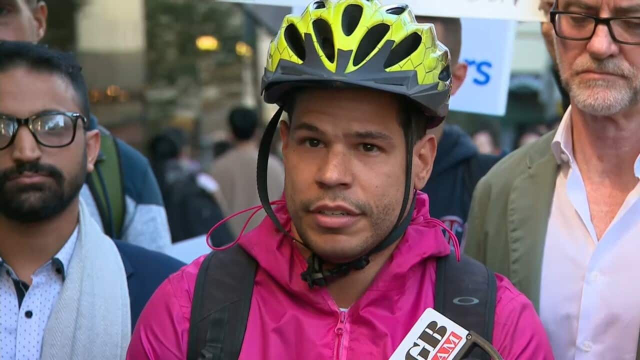 Delivery driver Leo speaking to the media in Sydney.