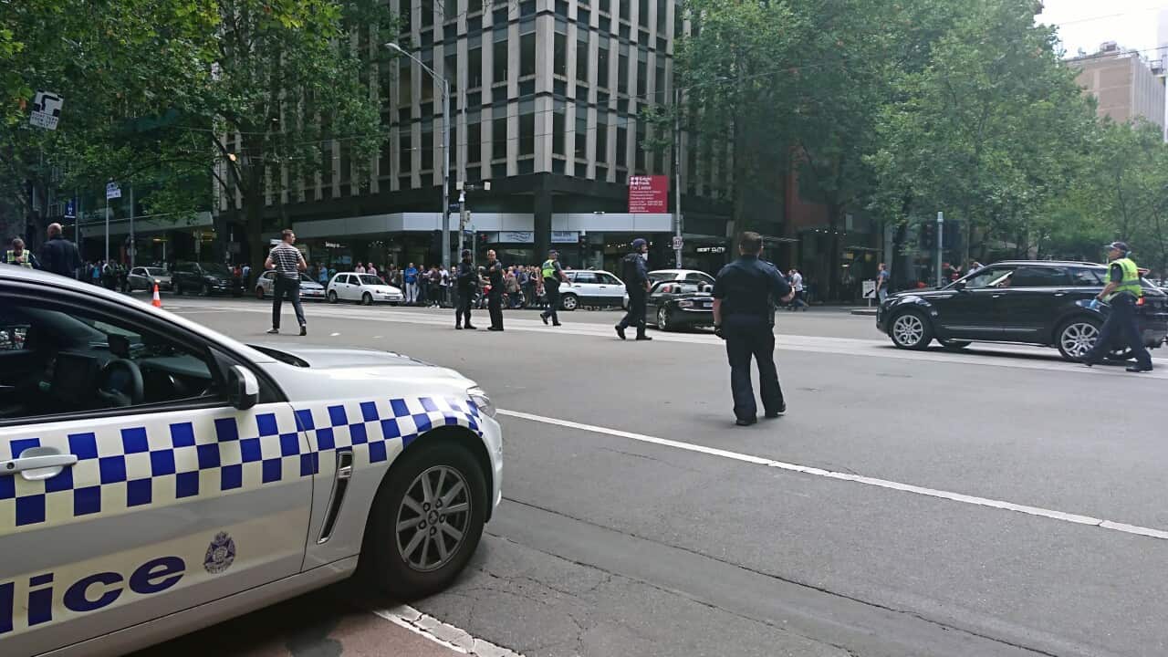 Police on the scene after a car ploughed through pedestrians on Bourke Street Mall in Melbourne.