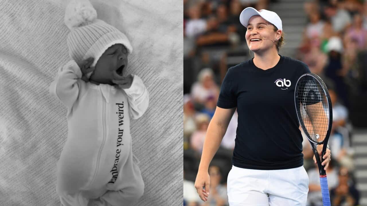 A composite of a young baby yawning and a tennis player