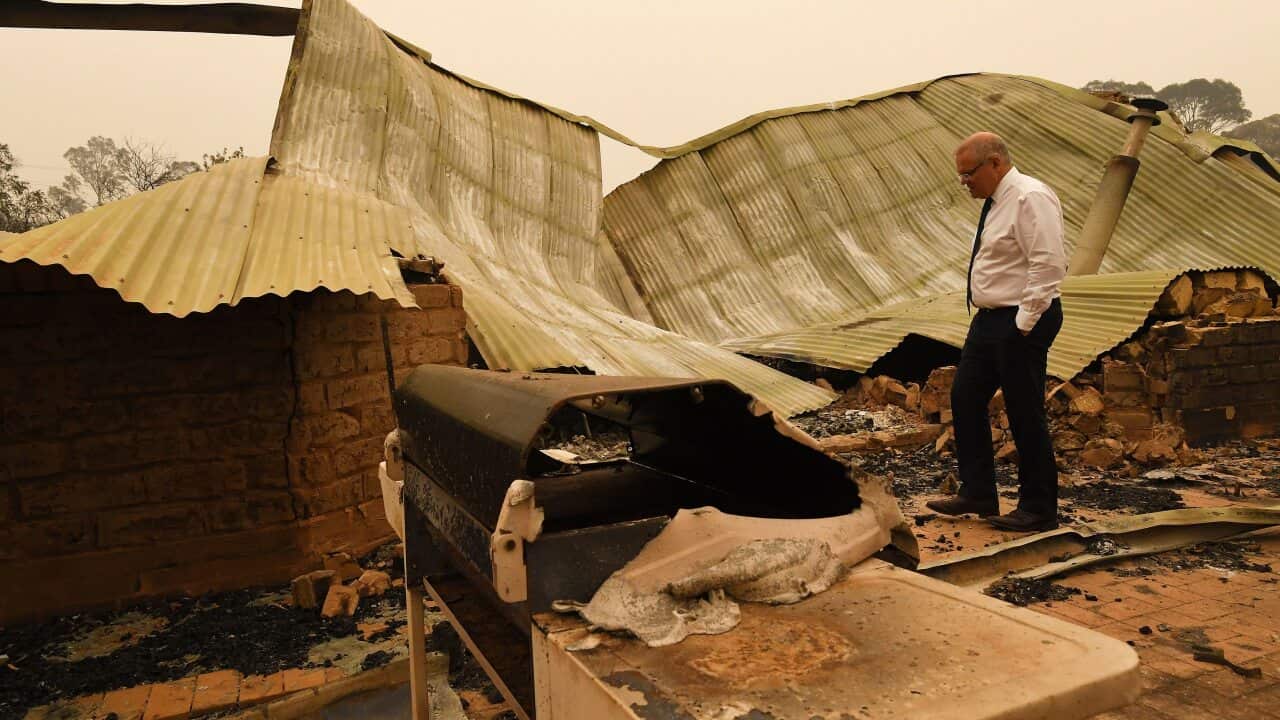 Prime Minister Scott Morrison tours the fire devastated Wildflower farm owned by Paul and Melissa Churchman in Sarsfield, Victoria.