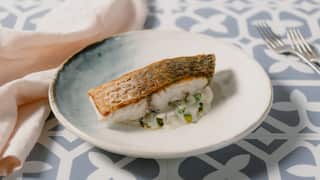 Pan-fried fish with asparagus, fennel & ginger foam