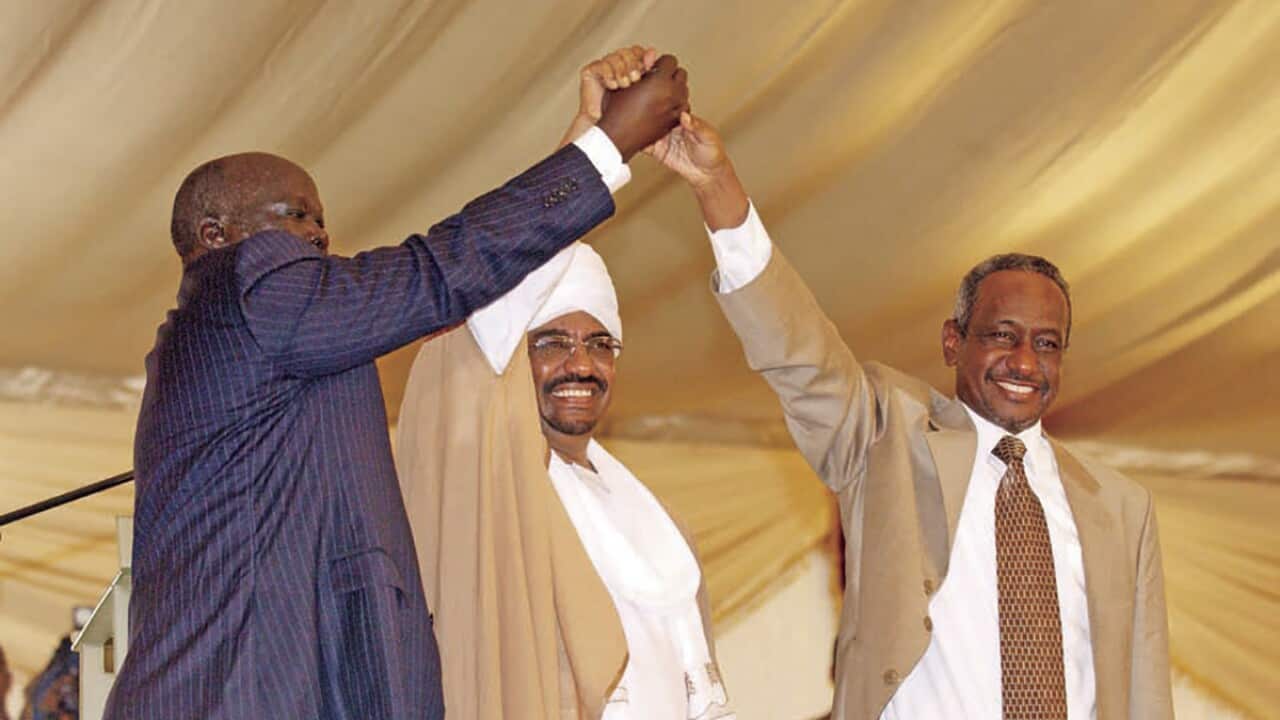Sudanese leaders from Dr John Garang, Omer al Bashir, Ali Taha during the formation of Sudan’s GONU 9 July 2005
