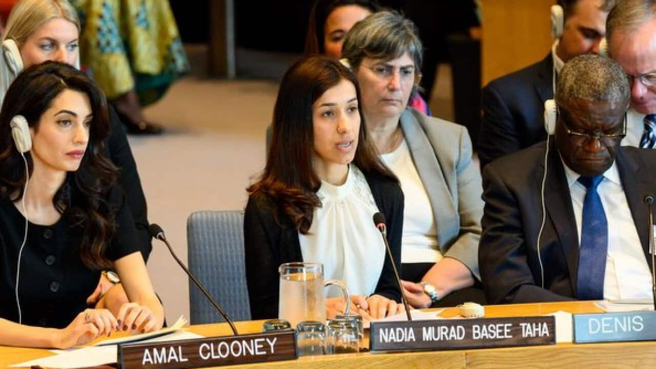Amal Clooney, Nadia Murad and Denis Mukwege at the UN meeting in New York