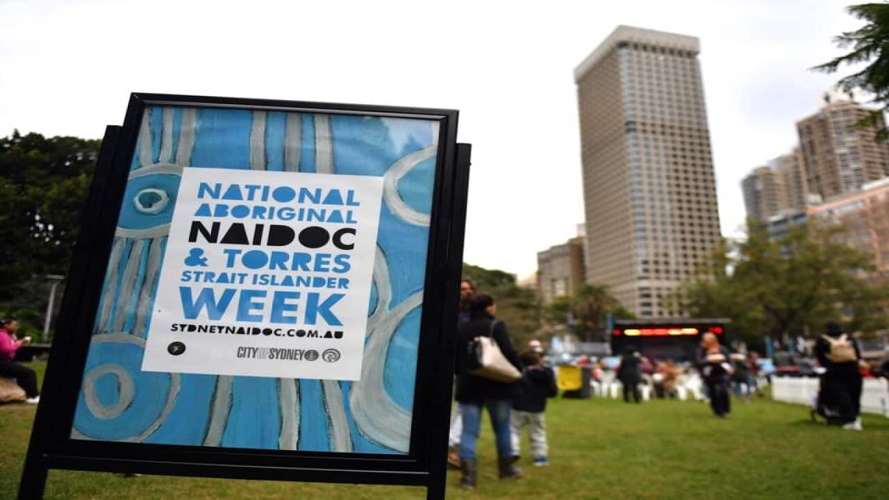 A sign at a NAIDOC event at Hyde Park in Sydney.