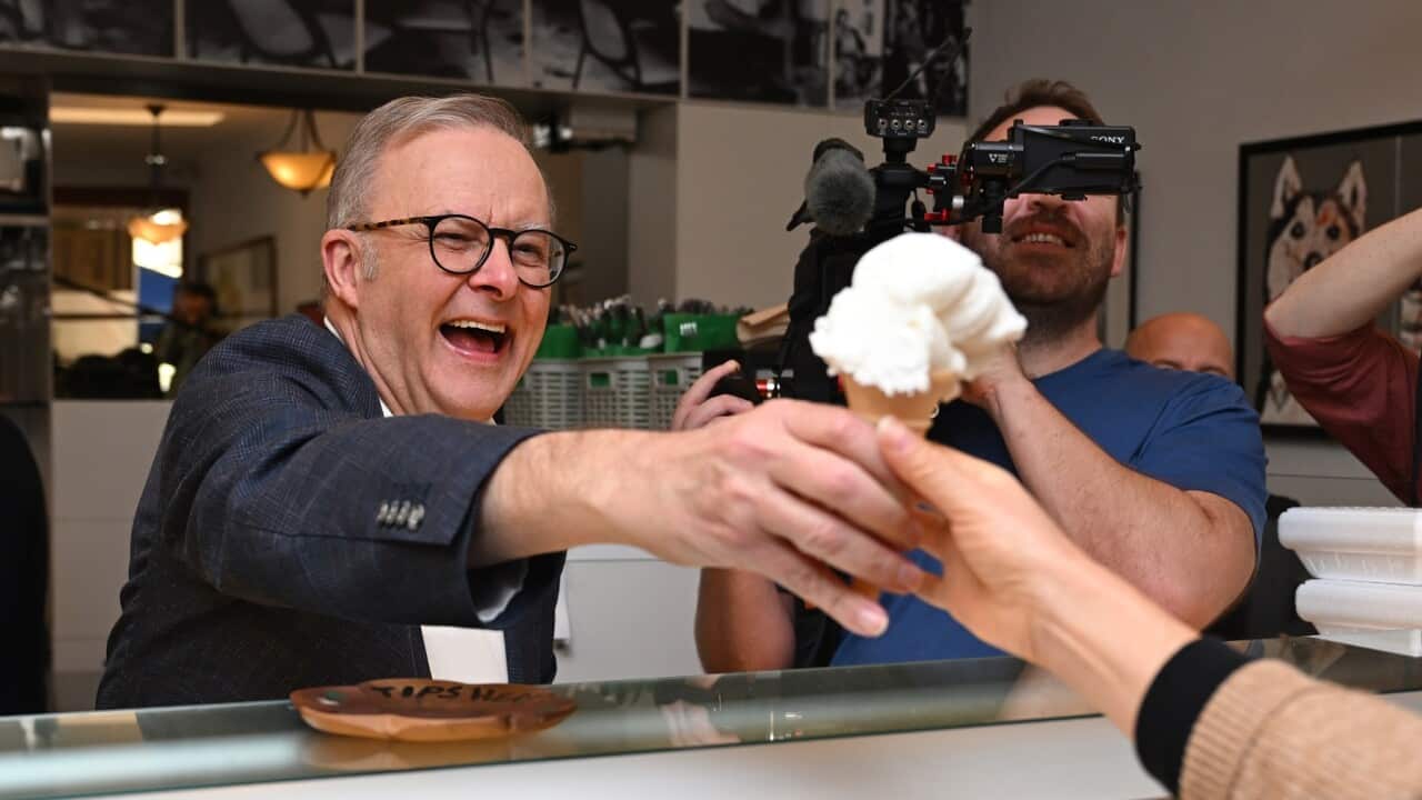 Il confermato primo ministro Anthony Albanese festeggia il risultato elettorale al Bar Italia di Leichhardt, domenica 4 maggio 2025.