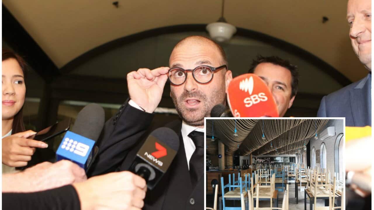 George Calombaris talks to media (inset formerly owned by Calombaris Hellenic Republic restaurant in Brighton)