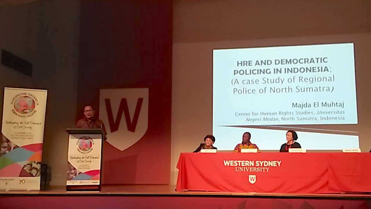 Majda El Muhtaj (L), Indonesian speaker at the 9th International Conference on Human Rights Education, Western Sydney University
